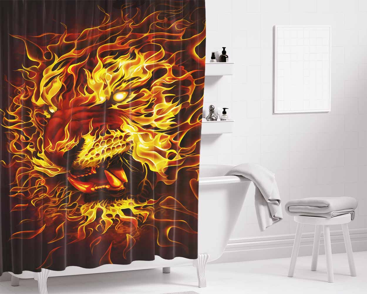 Fire Tiger Bathroom Shower Curtain Fabric Waterproof | 66 X 72 Inch