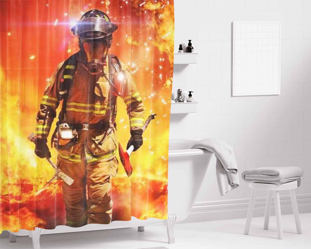 Firefighter Fireman Bathroom Shower Curtain Fabric Waterproof | 66 X 72 Inch