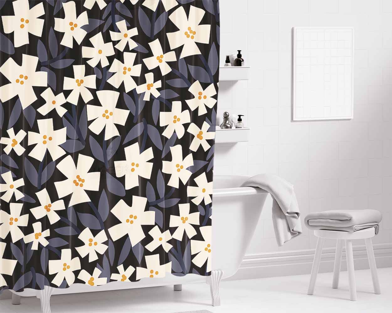Flat Floral Pattern Bathroom Shower Curtain Fabric Waterproof | 66 X 72 Inch