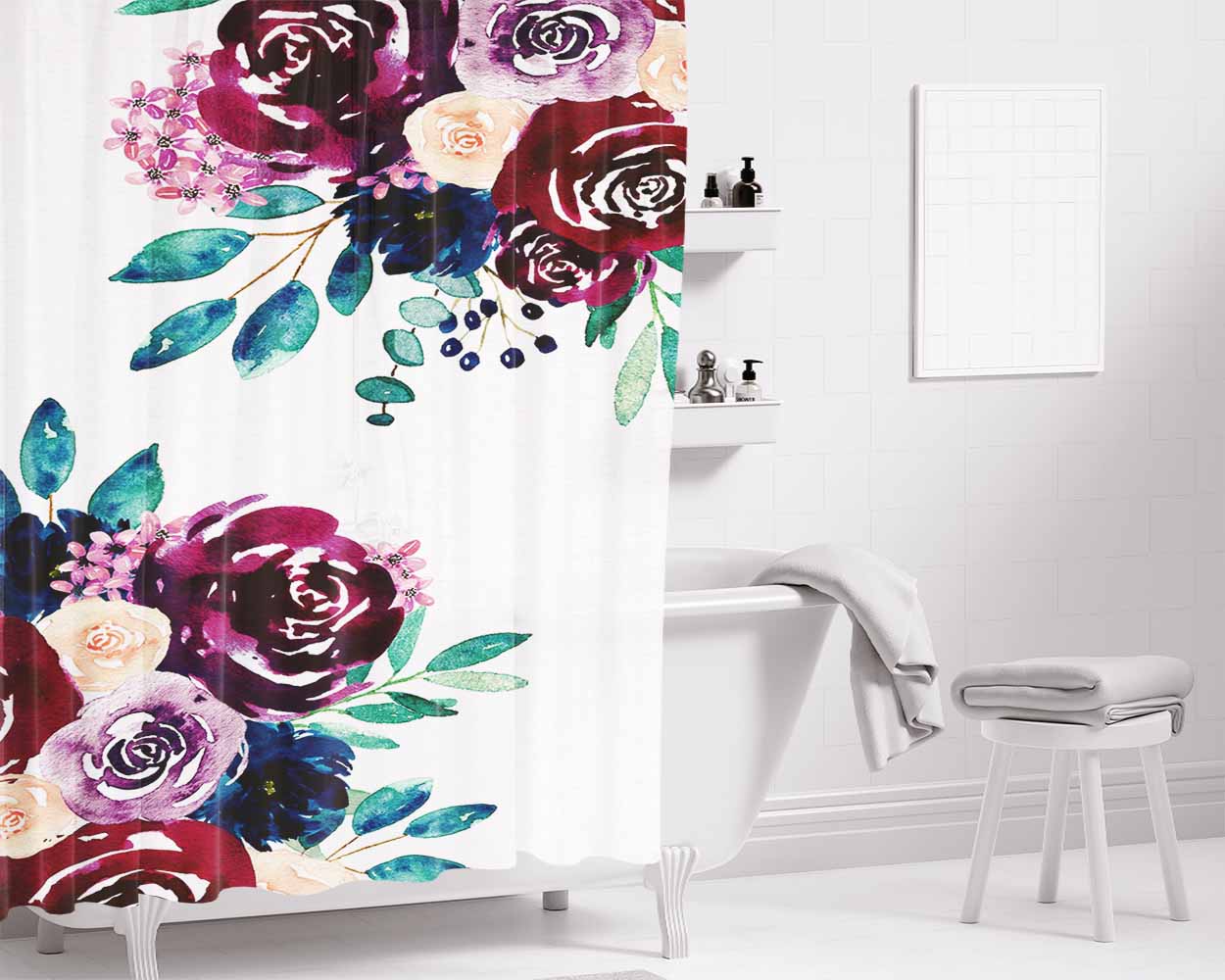 Flower Ornament Bathroom Shower Curtain Fabric Waterproof | 66 X 72 Inch