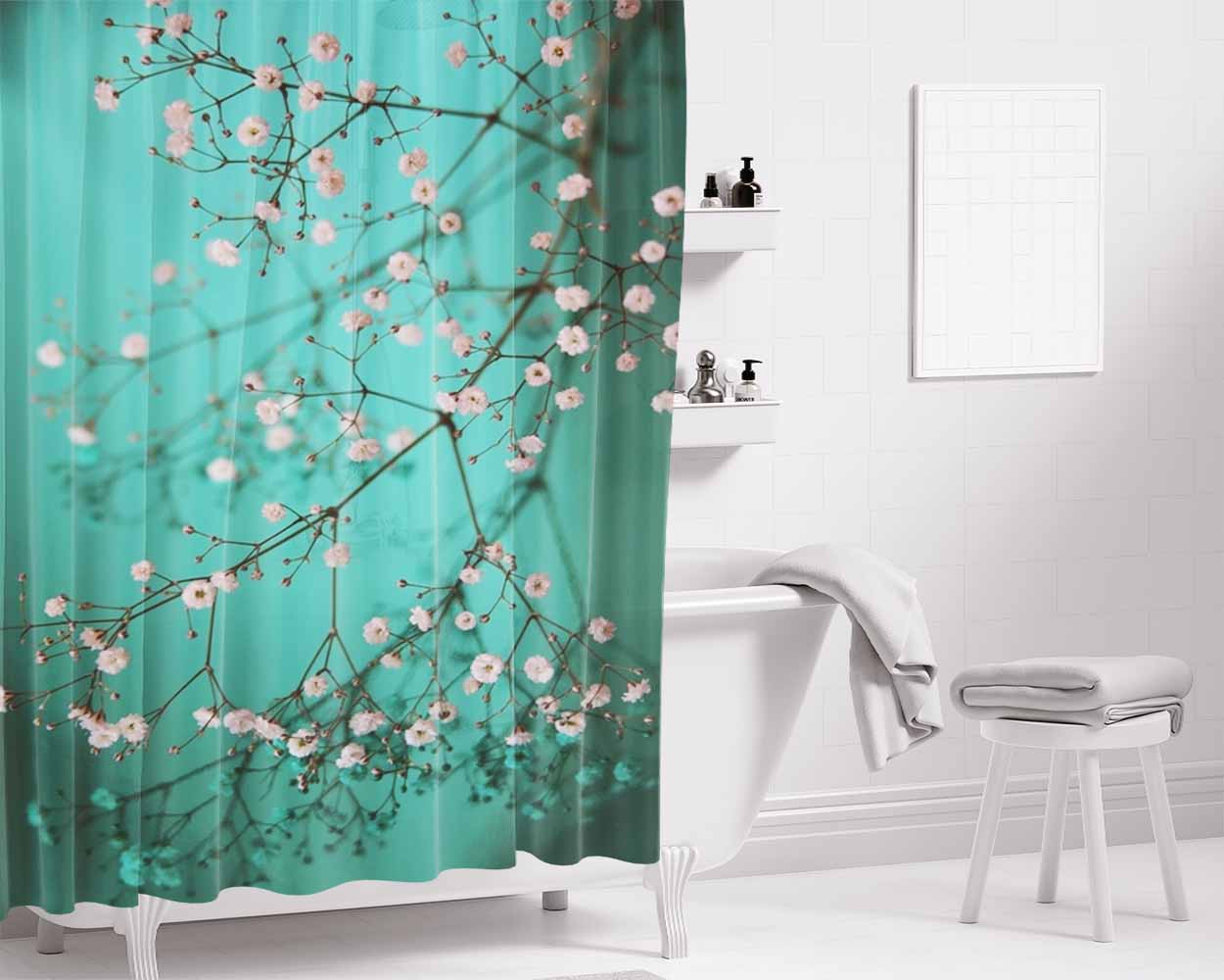 Flower White Bathroom Shower Curtain Fabric Waterproof | 66 X 72 Inch