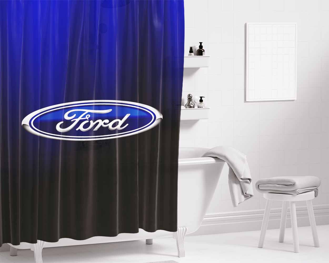 Ford Blue Black Logo Wallpaper Bathroom Shower Curtain Fabric Waterproof | 66 X 72 Inch
