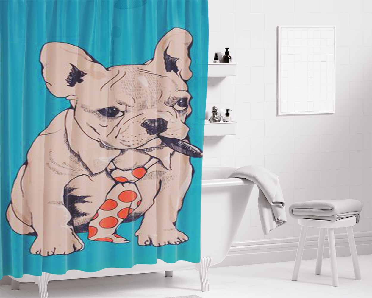 French Bulldog Bathroom Shower Curtain Fabric Waterproof | 66 X 72 Inch