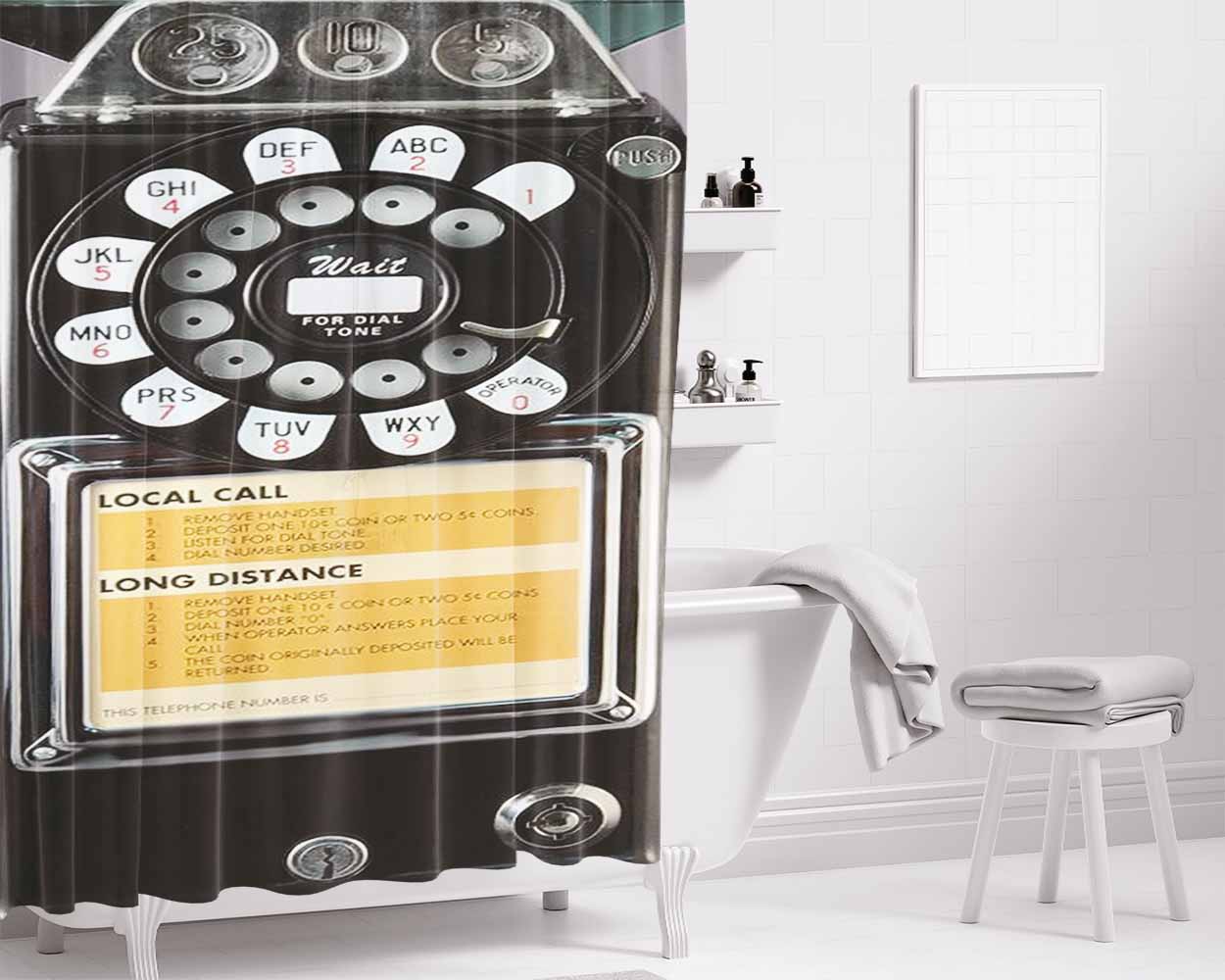 Front Vintage Payphone Bathroom Shower Curtain Fabric Waterproof | 66 X 72 Inch