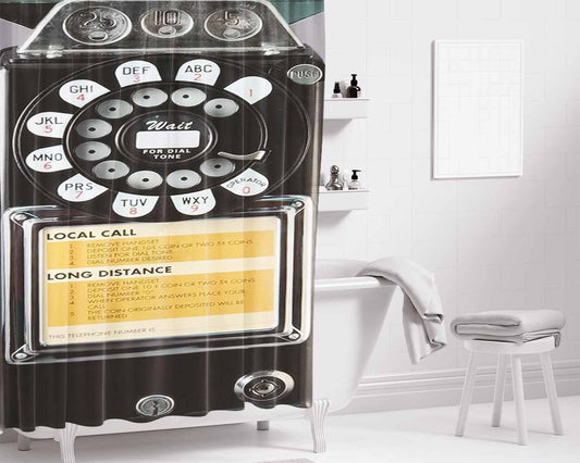 Front Vintage Payphone Bathroom Shower Curtain Fabric Waterproof | 66 X 72 Inch
