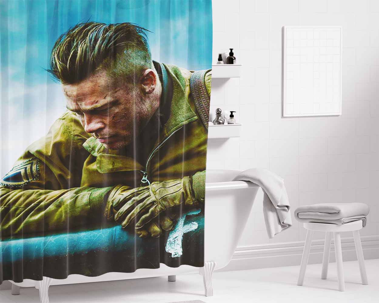 Fury Brad Pitt Bathroom Shower Curtain Fabric Waterproof | 66 X 72 Inch