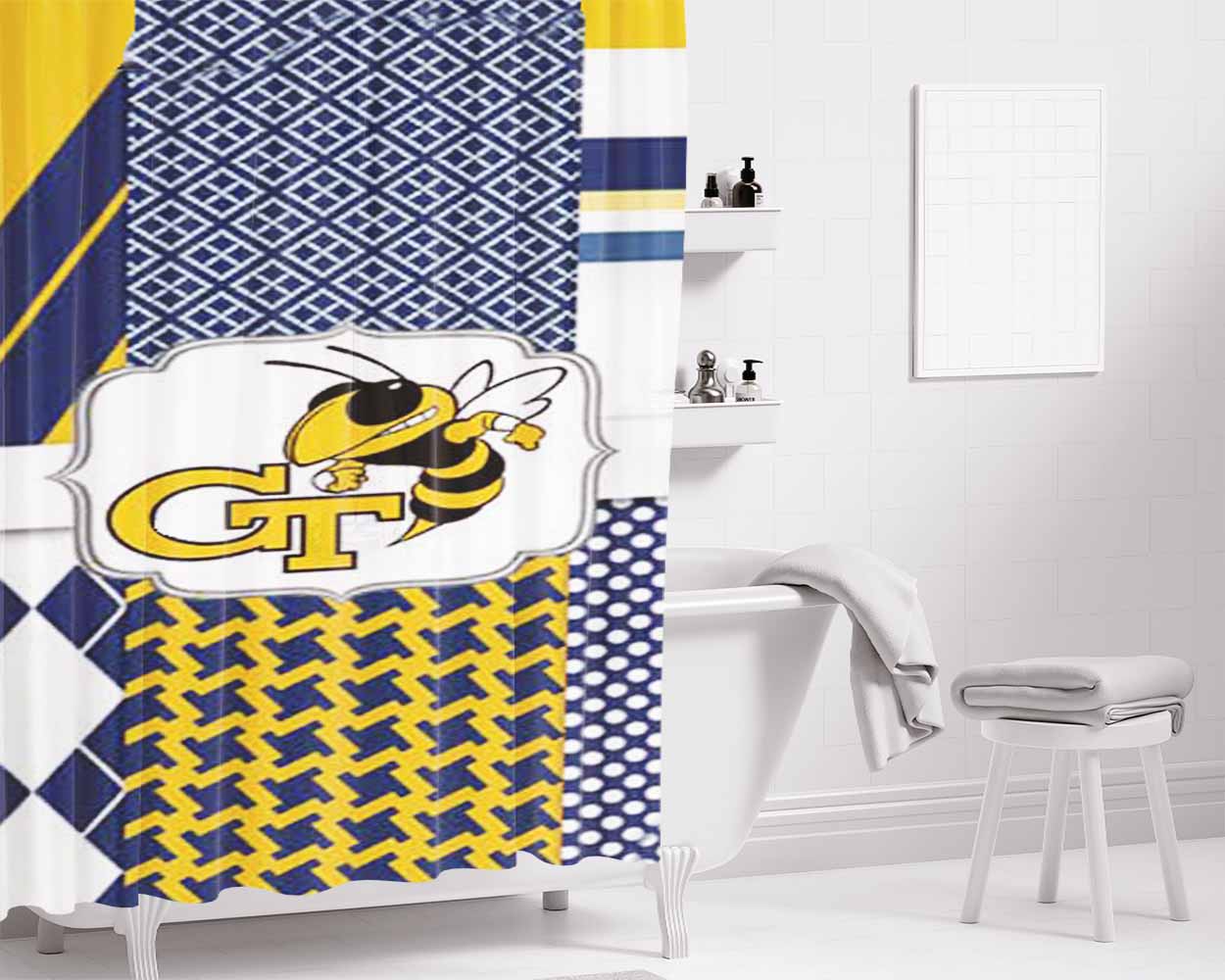 Georgia Tech Bkg Pattern Logo Bathroom Shower Curtain Fabric Waterproof | 66 X 72 Inch
