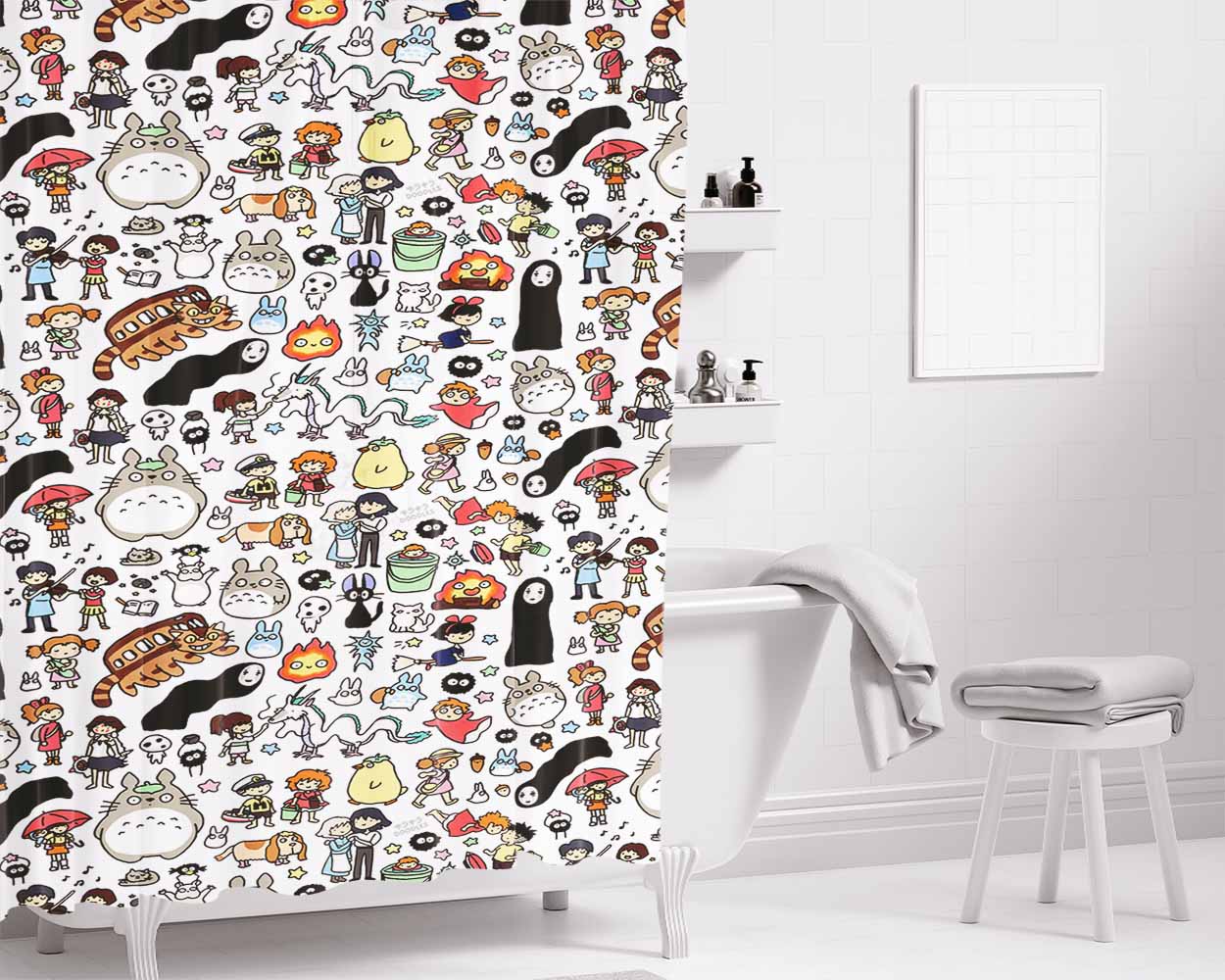 Ghibli Pattern Bathroom Shower Curtain Fabric Waterproof | 66 X 72 Inch