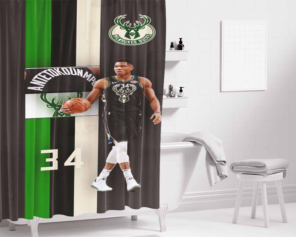 Gianis Antetokounmpo Milwaukee Bucks 34 Bathroom Shower Curtain Fabric Waterproof | 66 X 72 Inch