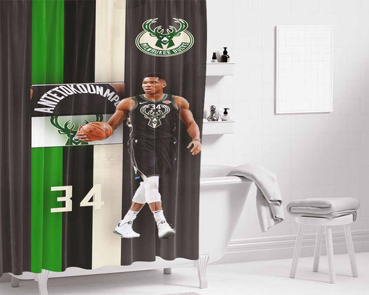 Gianis Antetokounmpo Milwaukee Bucks 34 Bathroom Shower Curtain Fabric Waterproof | 66 X 72 Inch