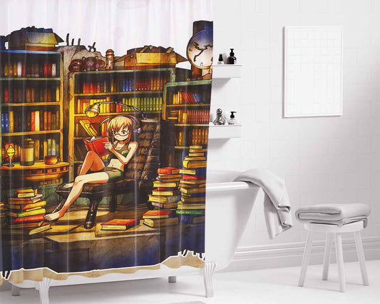 Girl Reading In The Library Bathroom Shower Curtain Fabric Waterproof | 66 X 72 Inch