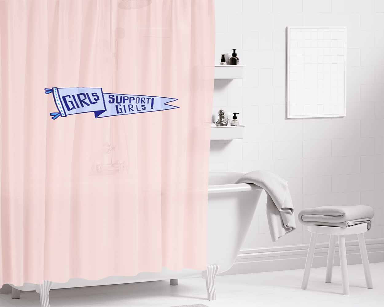 Girls Support Girls Girl Power Pink Bathroom Shower Curtain Fabric Waterproof | 66 X 72 Inch
