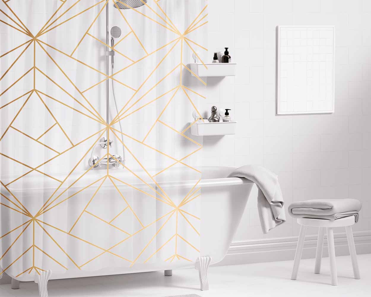 Gold Faux Foil Color Patterngeometric Bathroom Shower Curtain Fabric Waterproof | 66 X 72 Inch
