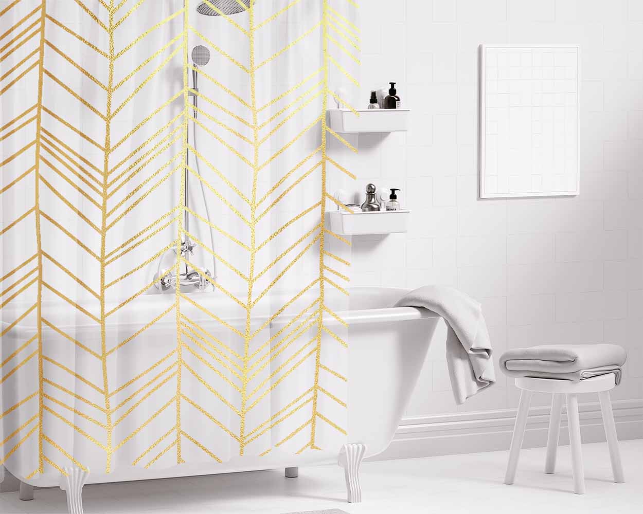 Gold Hand Drawn Chevron Seamless Pattern Bathroom Shower Curtain Fabric Waterproof | 66 X 72 Inch