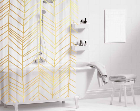 Gold Hand Drawn Chevron Seamless Pattern Bathroom Shower Curtain Fabric Waterproof | 66 X 72 Inch