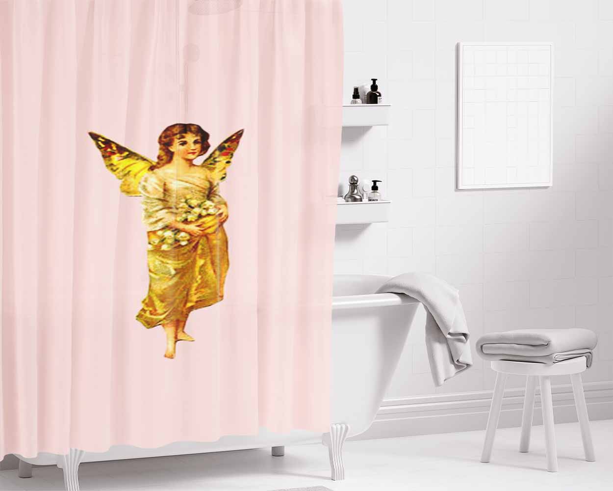 Golden Fairy Vintage Illustration Child Image Wings Bathroom Shower Curtain Fabric Waterproof | 66 X 72 Inch