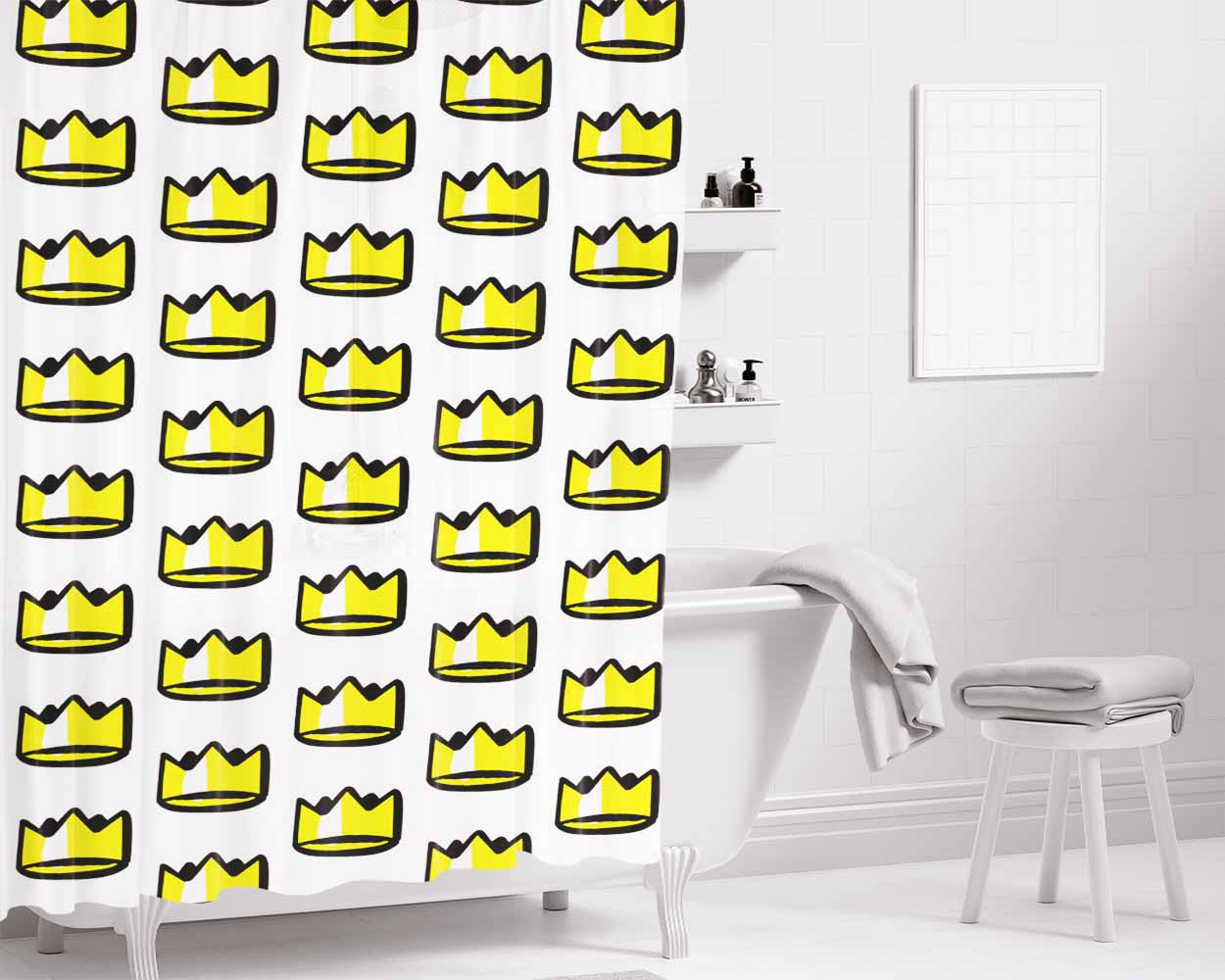 Golden Royal Crown Pattern Bathroom Shower Curtain Fabric Waterproof | 66 X 72 Inch