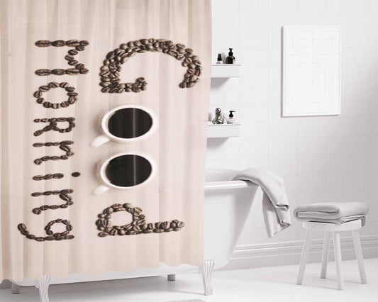 Good Morning Coffee Bathroom Shower Curtain Fabric Waterproof | 66 X 72 Inch