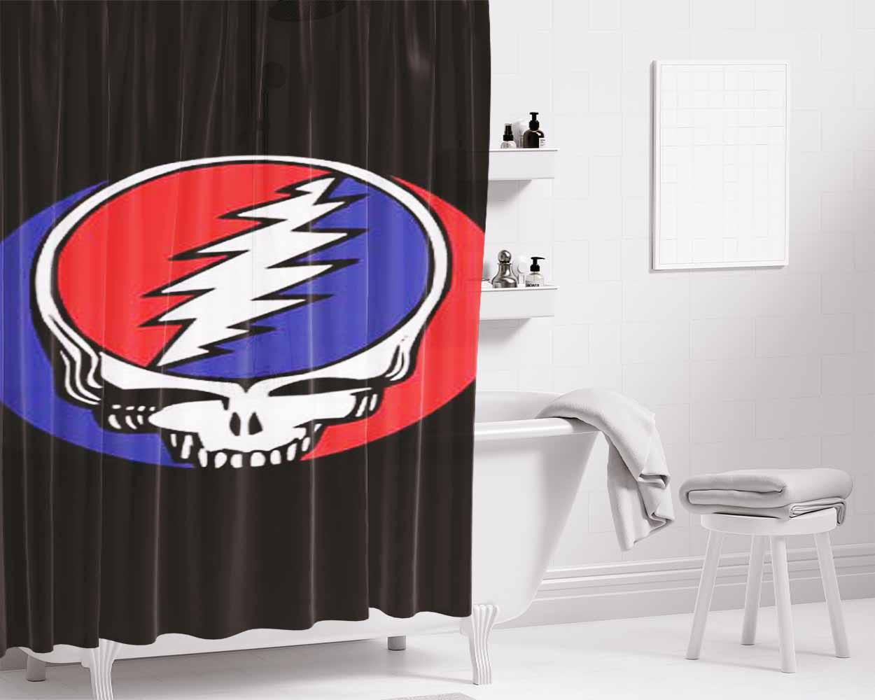 Grateful Dead Skull On Blk Bathroom Shower Curtain Fabric Waterproof | 66 X 72 Inch