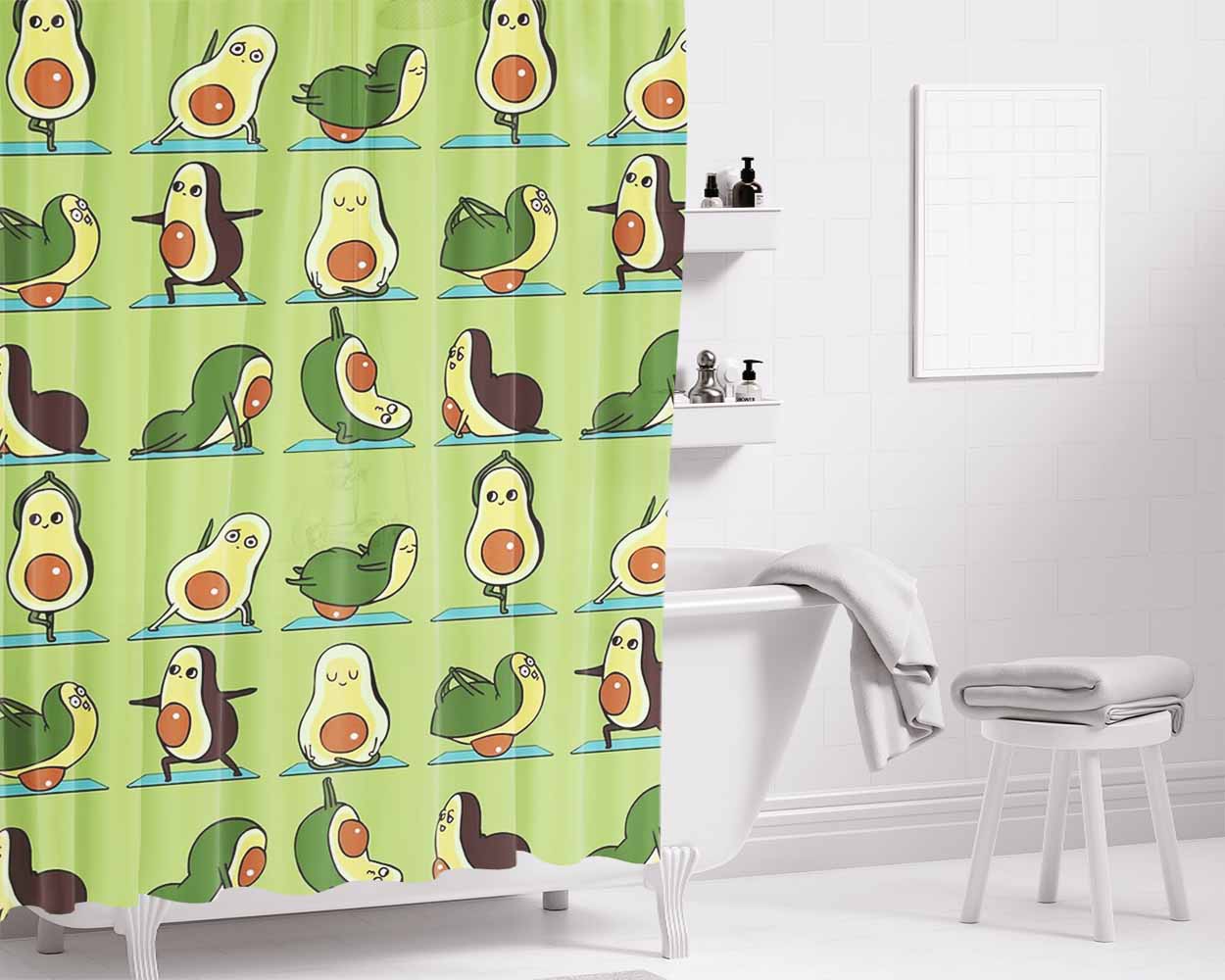 Green Avocado Yoga Pattern Bathroom Shower Curtain Fabric Waterproof | 66 X 72 Inch