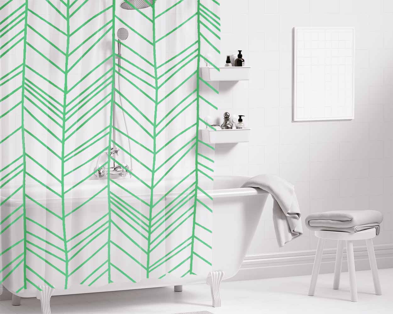 Green Hand Drawn Chevron Seamless Pattern Bathroom Shower Curtain Fabric Waterproof | 66 X 72 Inch