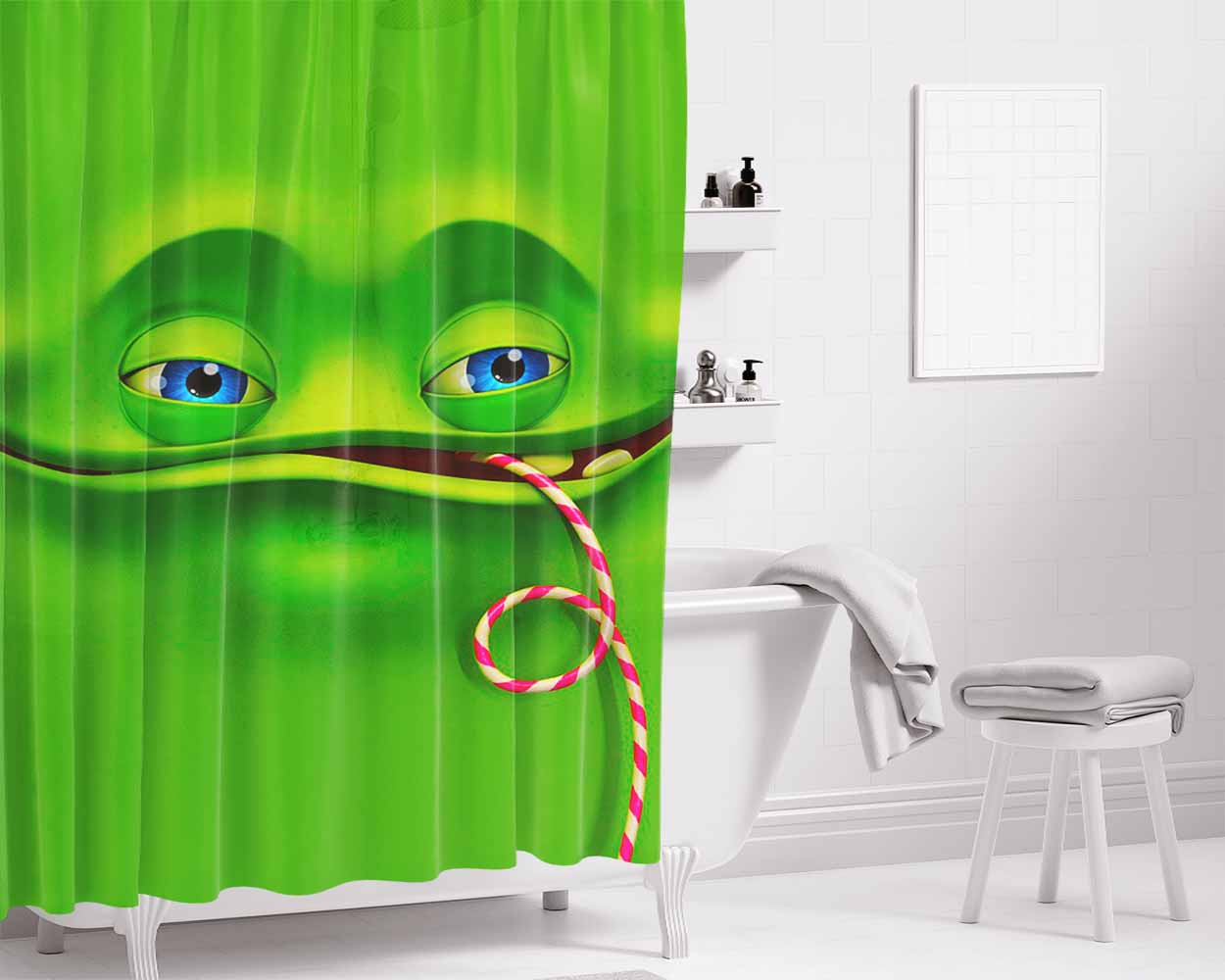 Green Joyful Face Bathroom Shower Curtain Fabric Waterproof | 66 X 72 Inch
