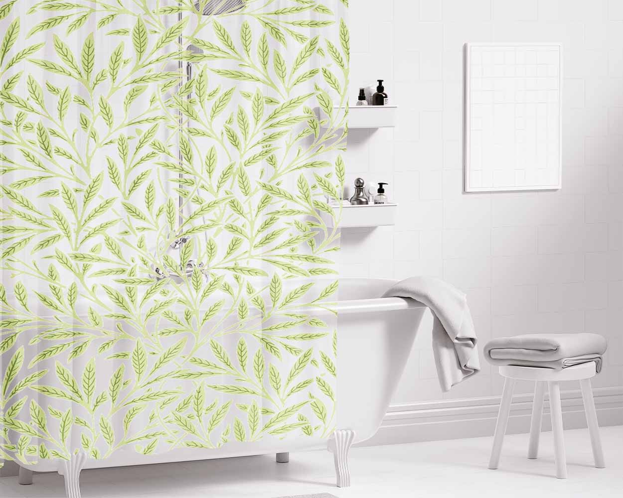 Green Leaves Pattern Illustrations Bathroom Shower Curtain Fabric Waterproof | 66 X 72 Inch
