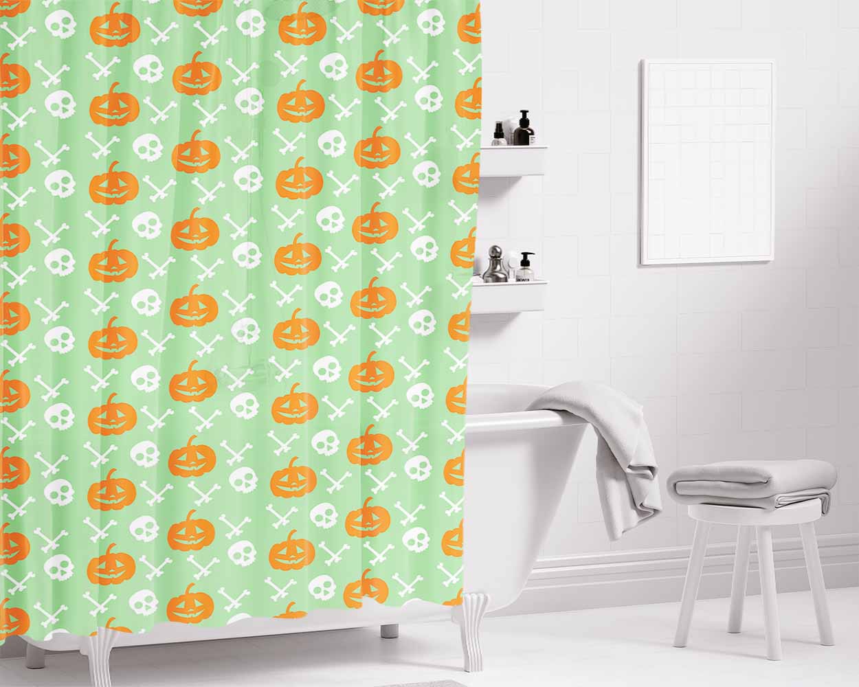 Green Pattern Pumpkins Bone And Head Skeleton Halloween Bathroom Shower Curtain Fabric Waterproof | 66 X 72 Inch