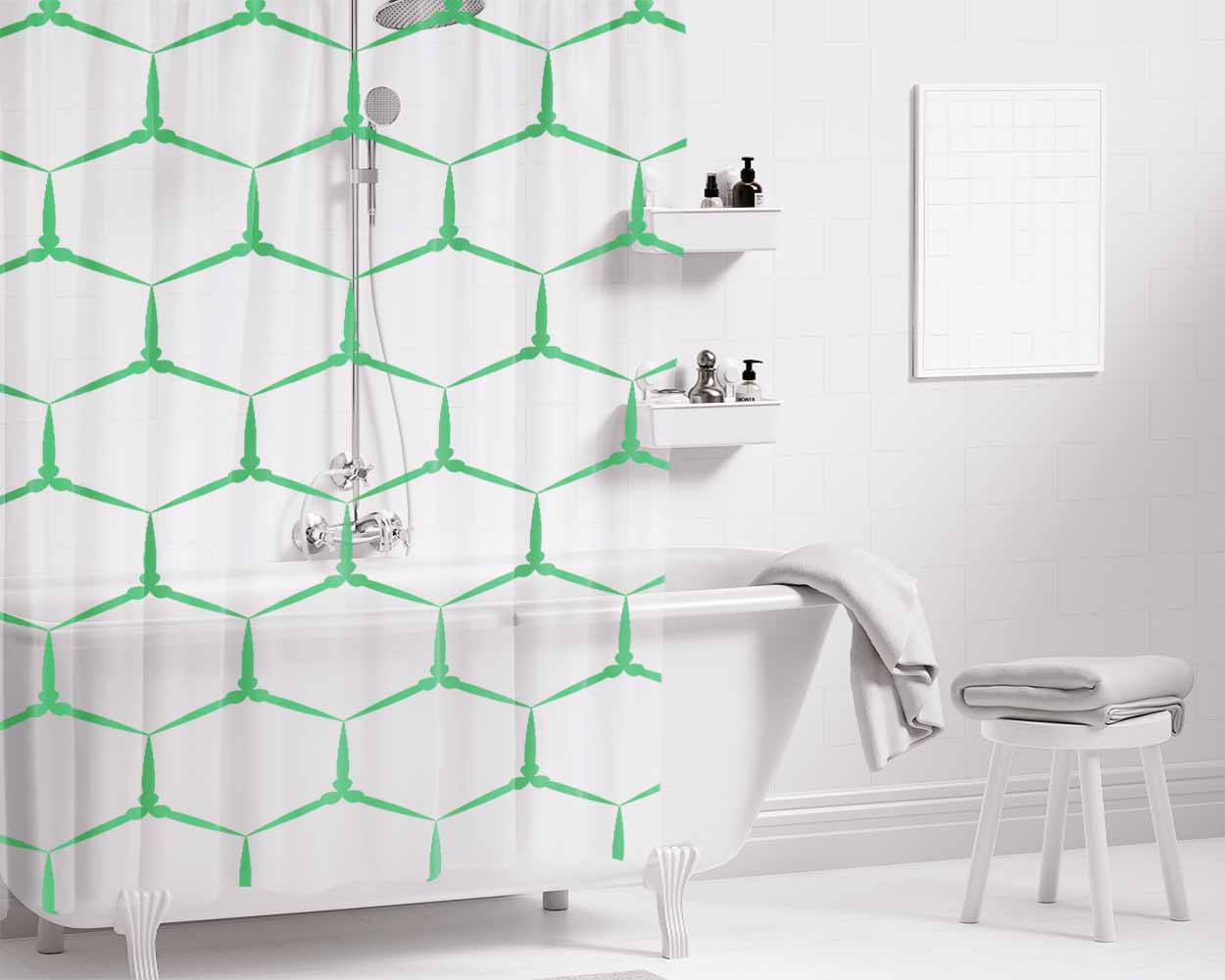 Green Seamless Hexagonalism Pattern Bathroom Shower Curtain Fabric Waterproof | 66 X 72 Inch