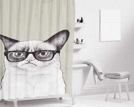Grumpy Cat Glasses Bathroom Shower Curtain Fabric Waterproof | 66 X 72 Inch
