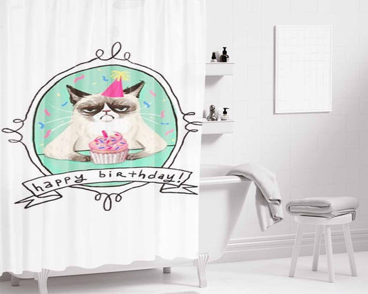 Grumpy Cat Happy Birthday Bathroom Shower Curtain Fabric Waterproof | 66 X 72 Inch