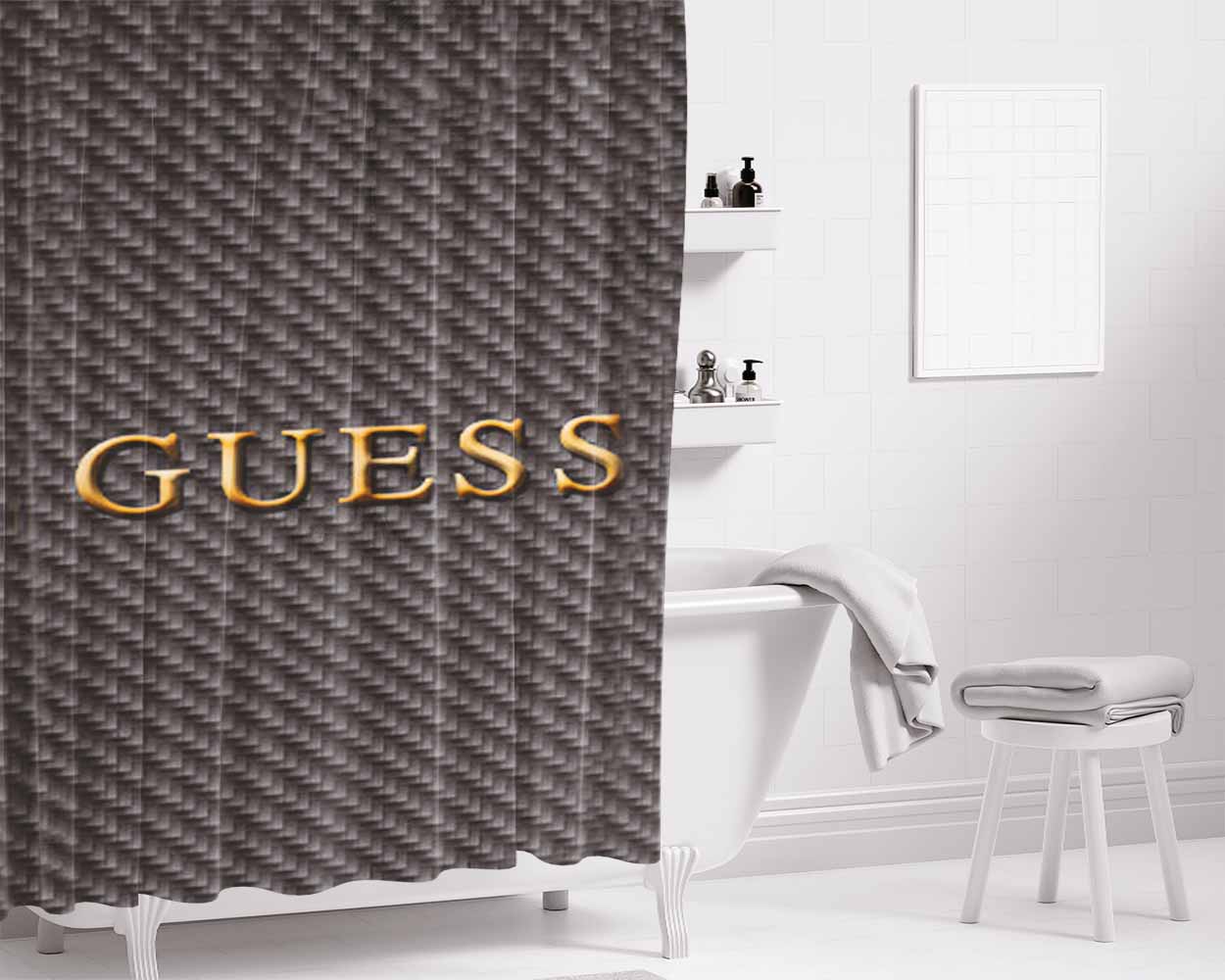 Guess Watches Logo Carbon Bathroom Shower Curtain Fabric Waterproof | 66 X 72 Inch
