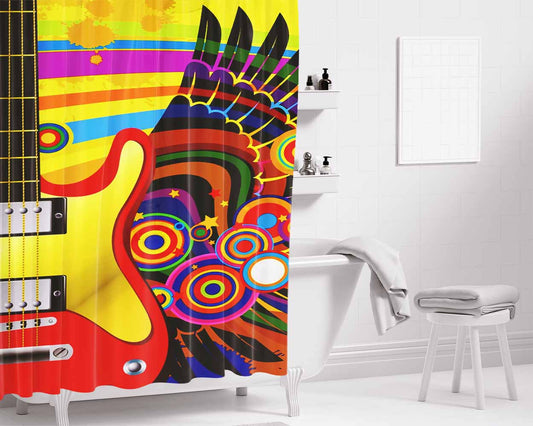 Guitar And Retro Vector Bathroom Shower Curtain Fabric Waterproof | 66 X 72 Inch
