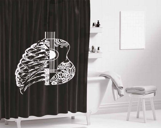Guitar And Rib Cage Music Graphic Gift Bathroom Shower Curtain Fabric Waterproof | 66 X 72 Inch