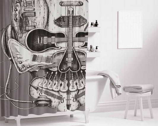 Guitars Skull Music Bathroom Shower Curtain Fabric Waterproof | 66 X 72 Inch