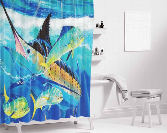 Guy Harvey Island Marlin Boat 2 Bathroom Shower Curtain Fabric Waterproof | 66 X 72 Inch