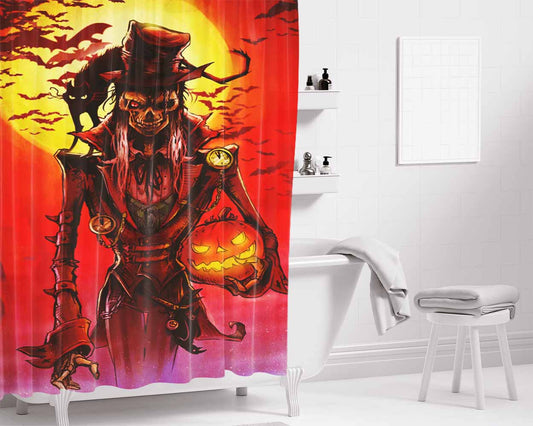Halloween Skull Black Cat Bathroom Shower Curtain Fabric Waterproof | 66 X 72 Inch