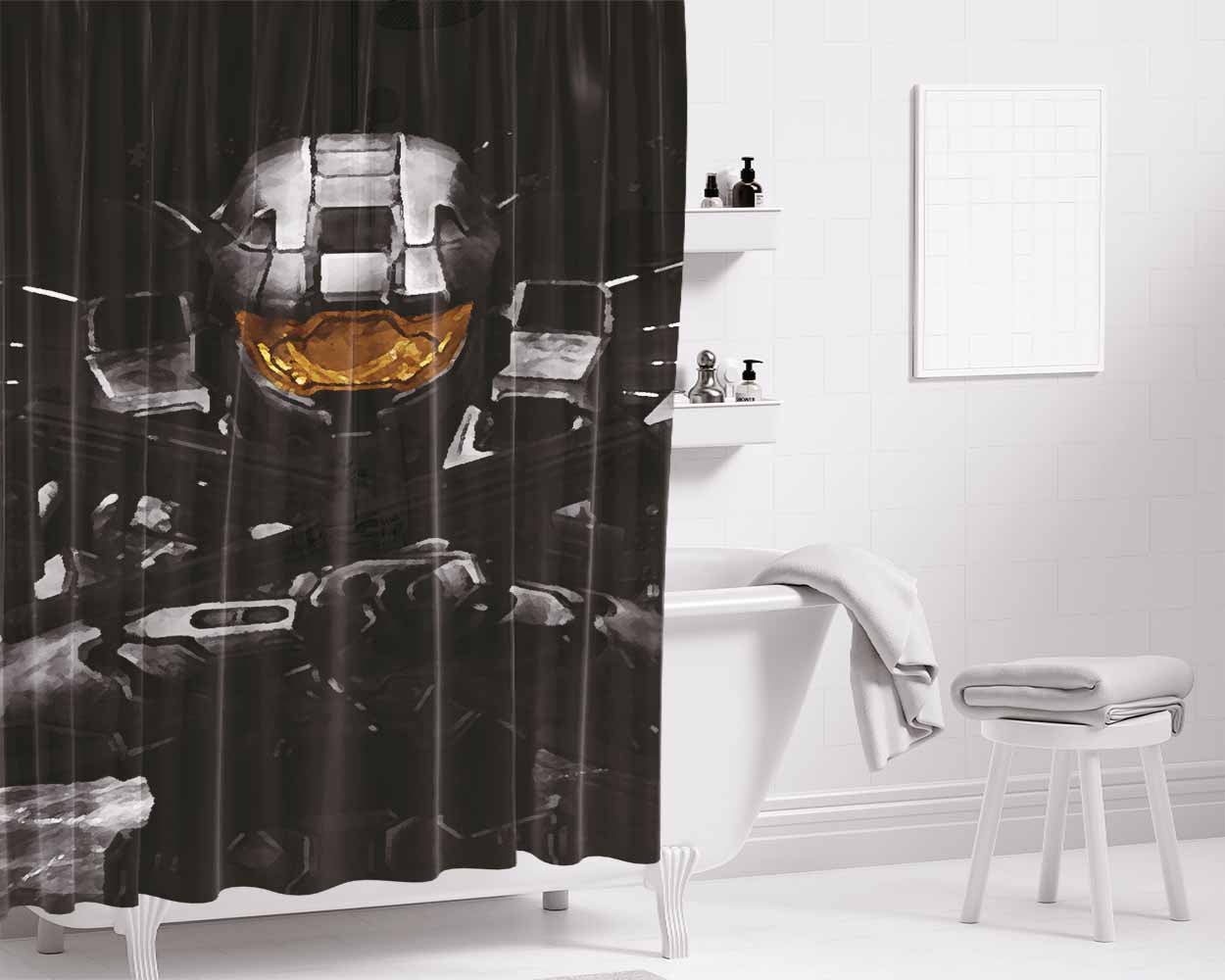 Halo 2 Black Artwork Bathroom Shower Curtain Fabric Waterproof | 66 X 72 Inch