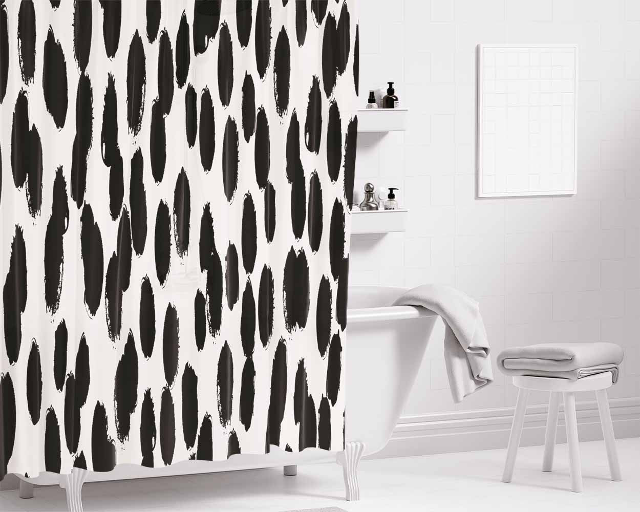 Hand Painted Black Spots Bathroom Shower Curtain Fabric Waterproof | 66 X 72 Inch