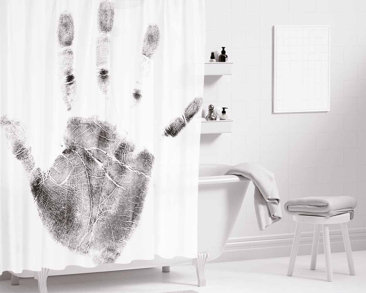 Hand Print White Bathroom Shower Curtain Fabric Waterproof | 66 X 72 Inch