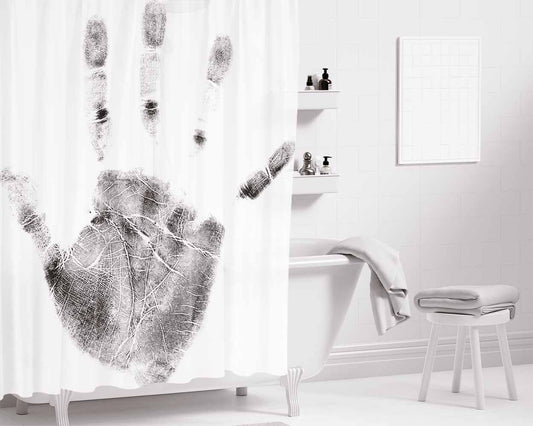 Hand Print White Bathroom Shower Curtain Fabric Waterproof | 66 X 72 Inch