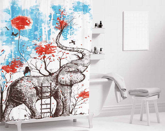 Happy Elephant Bathroom Shower Curtain Fabric Waterproof | 66 X 72 Inch