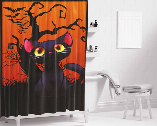 Happy Halloween Black Kitty Bathroom Shower Curtain Fabric Waterproof | 66 X 72 Inch