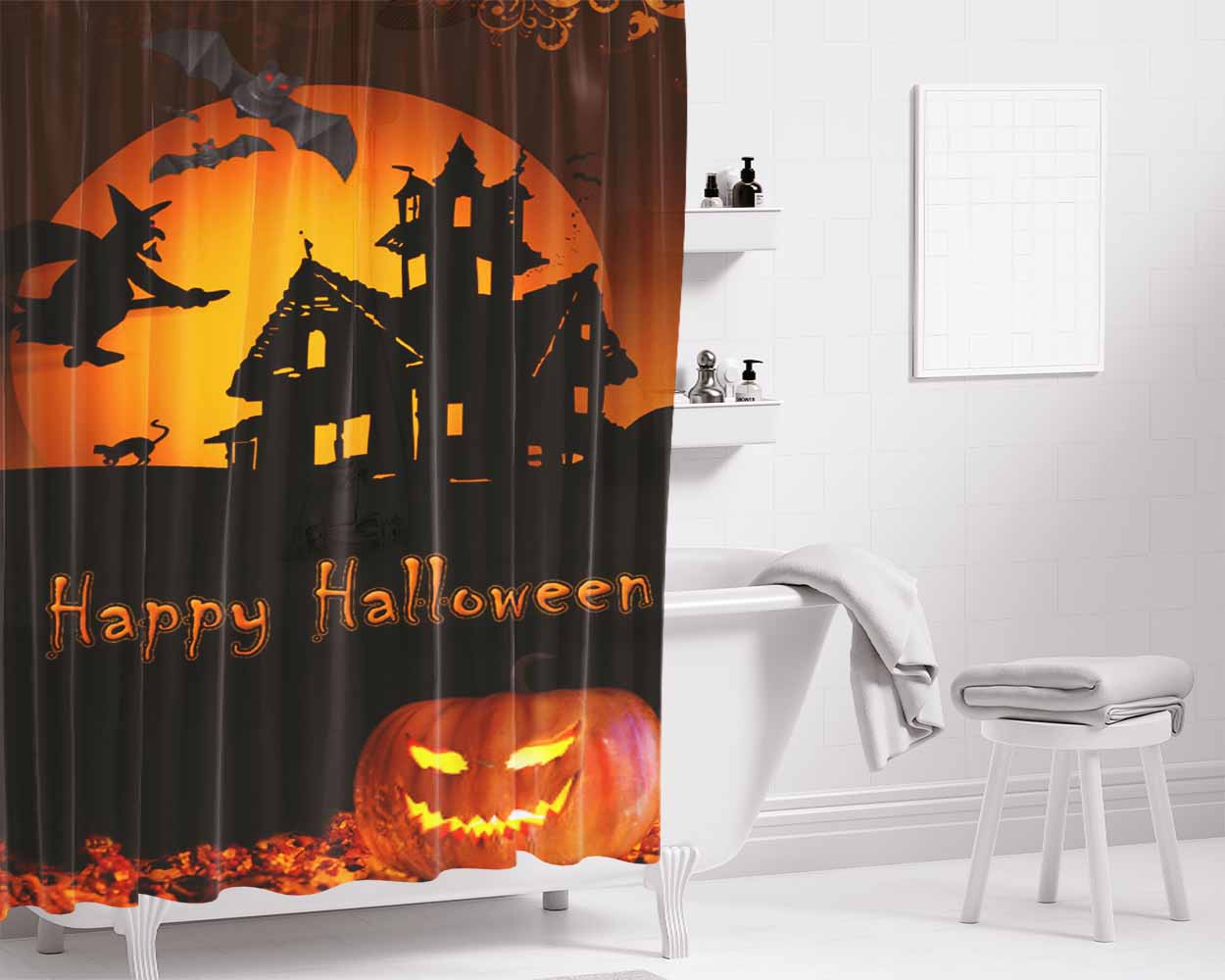 Happy Halloween Dark Bathroom Shower Curtain Fabric Waterproof | 66 X 72 Inch