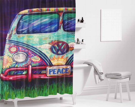 Happy Hippie Vw Bathroom Shower Curtain Fabric Waterproof | 66 X 72 Inch