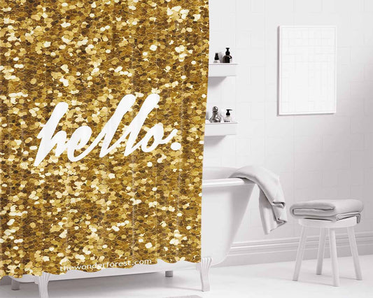 Hello Gold Background Bathroom Shower Curtain Fabric Waterproof | 66 X 72 Inch
