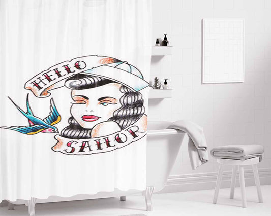 Hello Sailor Bird And Woman Bathroom Shower Curtain Fabric Waterproof | 66 X 72 Inch