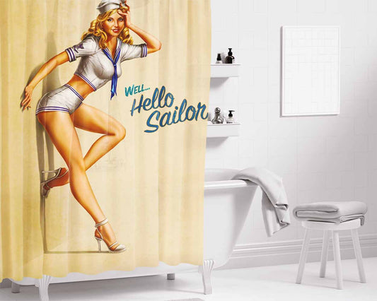 Hello Sailor Bathroom Shower Curtain Fabric Waterproof | 66 X 72 Inch