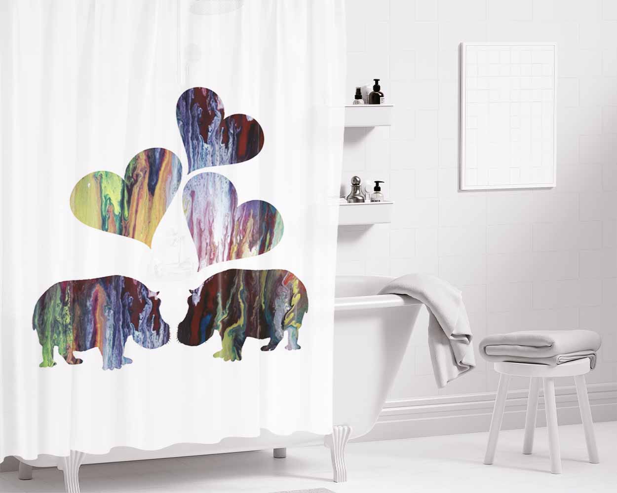 Hippo Art Bathroom Shower Curtain Fabric Waterproof | 66 X 72 Inch