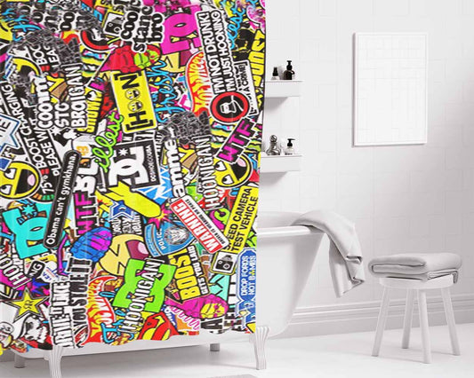 Hoonigan Sticker Boombing Bathroom Shower Curtain Fabric Waterproof | 66 X 72 Inch